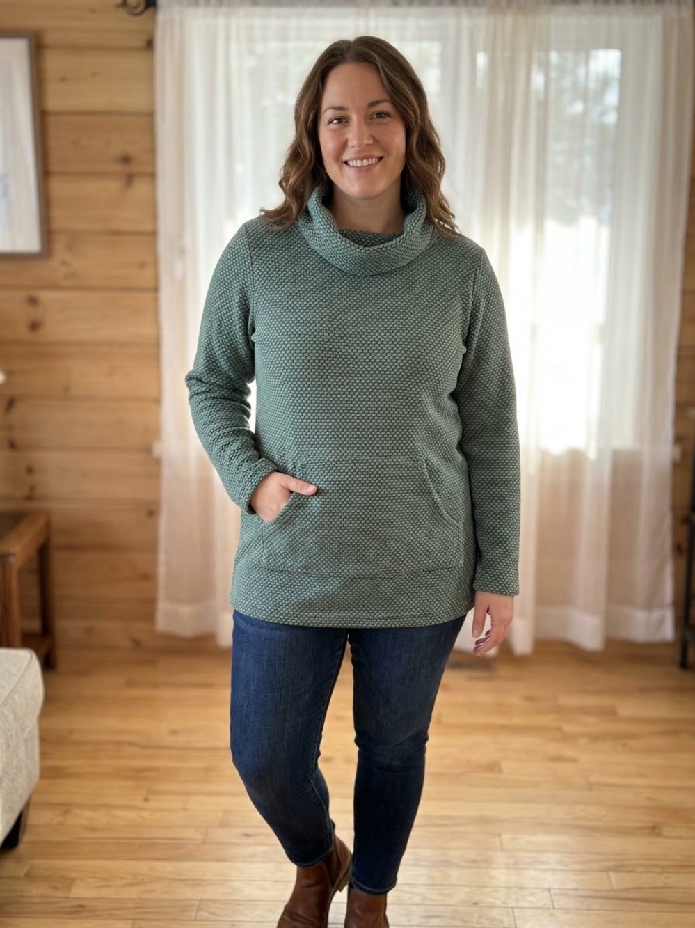 Cozy Textured Cowl Neck Sweater - Sage Green